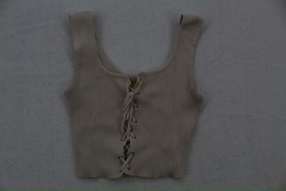 Daisy Women Ribbed Knit Lace-Up Crop Tank Top Beige Size M